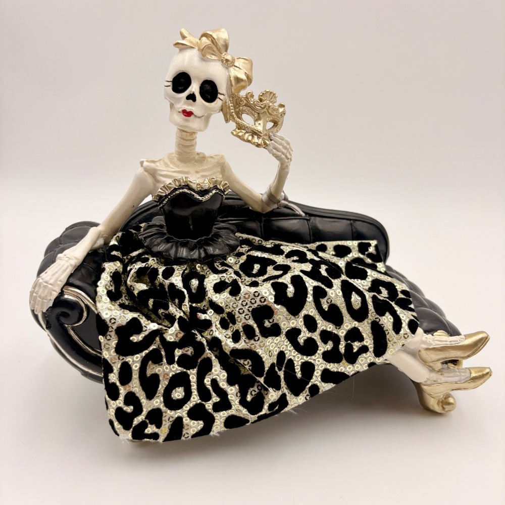 Bella Lux Halloween Skeleton Lady on Chaise Lounge Leopard Print Sequin Figurine